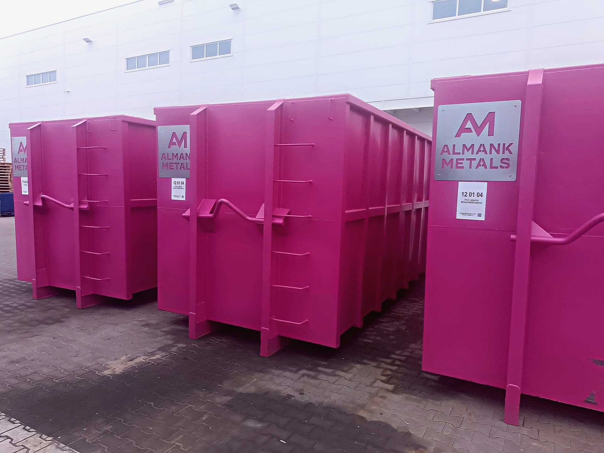 ALMANK METALS branded collection containers – close-up view